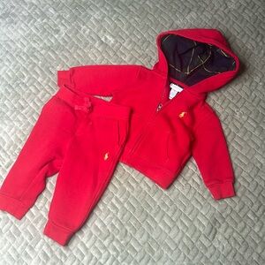 9m Ralph Lauren boys red with plaid lining sweat suit in like new condition